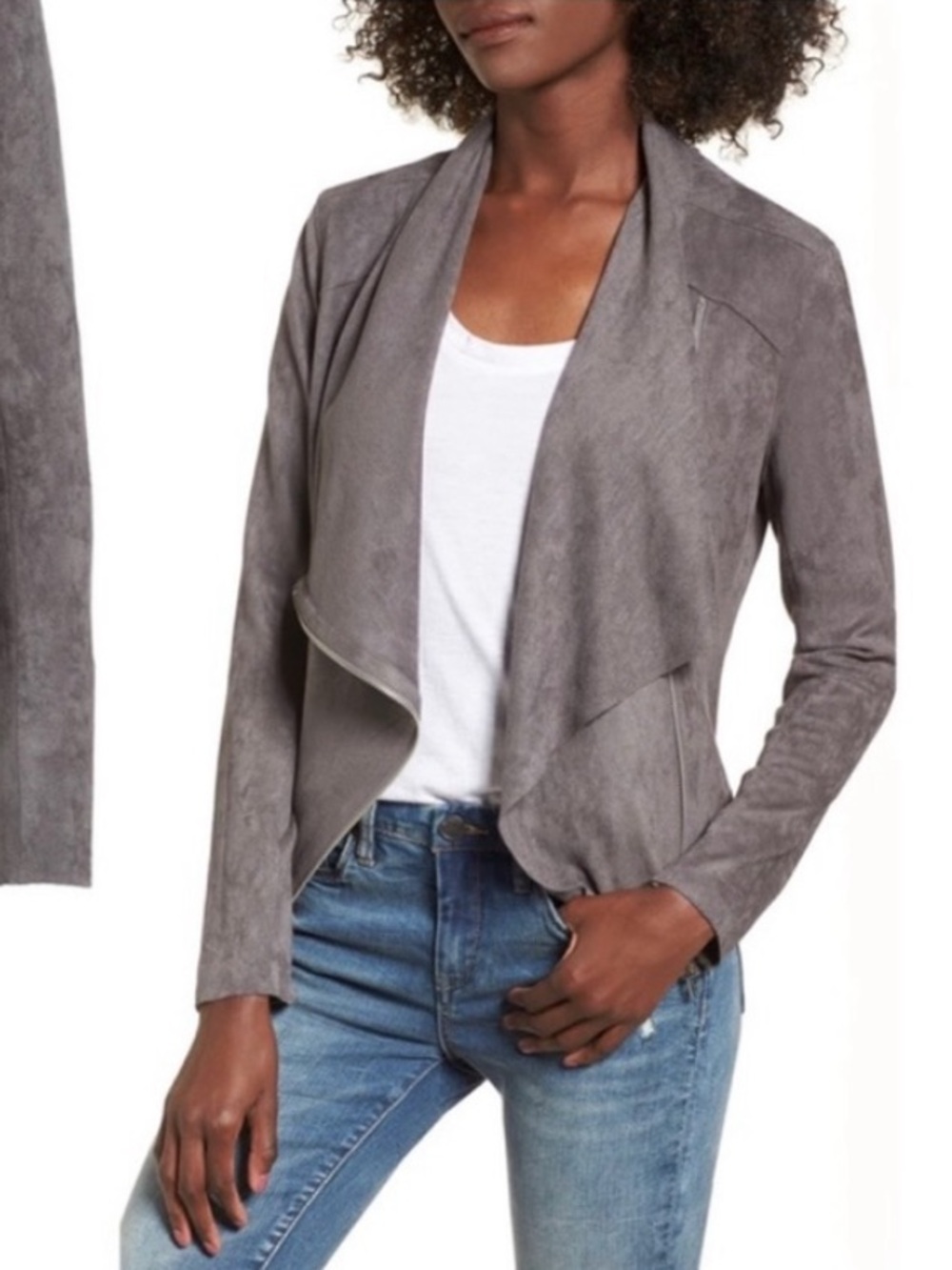 Blank NYC Gray Faux Suede Draped Moto Jacket